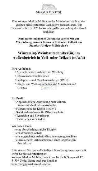 Winzer/in in Voll oder Teilzeit 