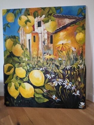Bild Großformat handgemalt Zitronen vor Toscana Haus